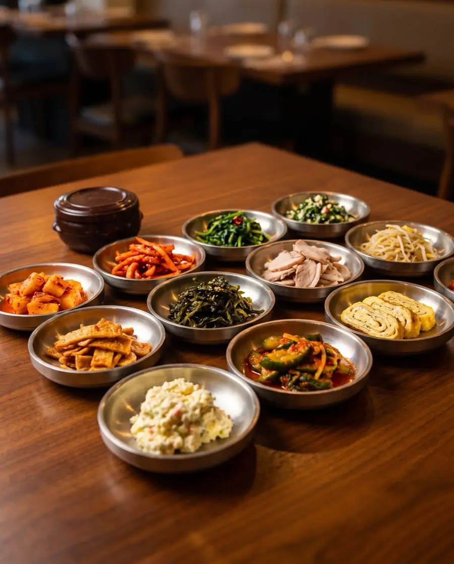 A spread of banchan side dishes at Ham Ji Bak