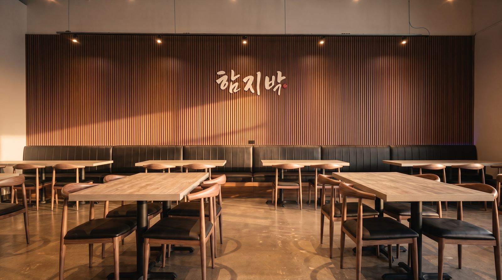 The warm, wood-lined dining room at Ham Ji Bak in Sherwood, Oregon