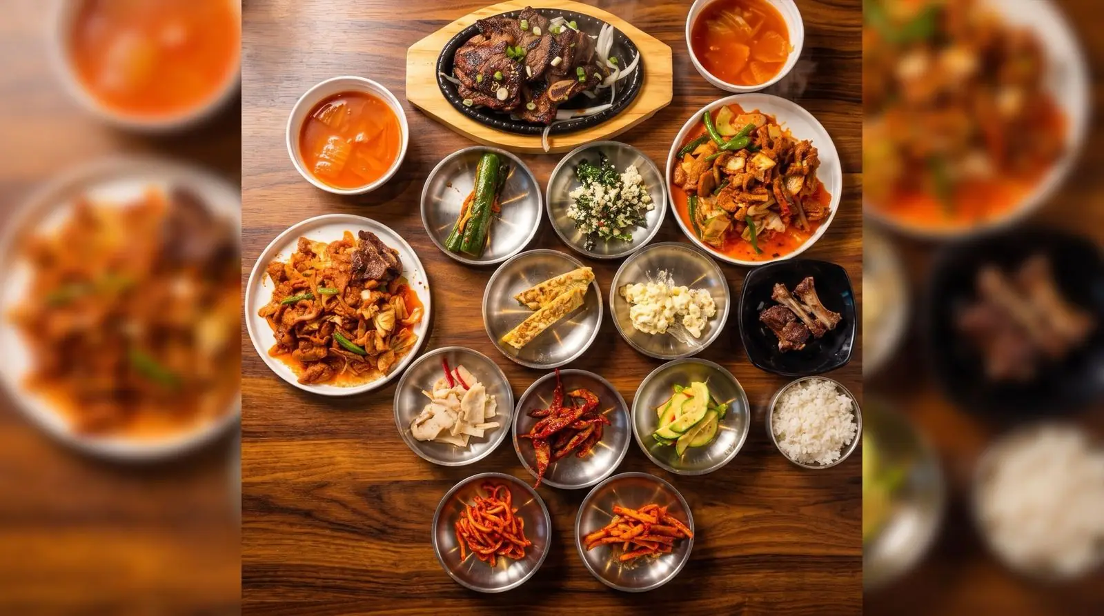 An overhead spread of Korean dishes made to share at Ham Ji Bak